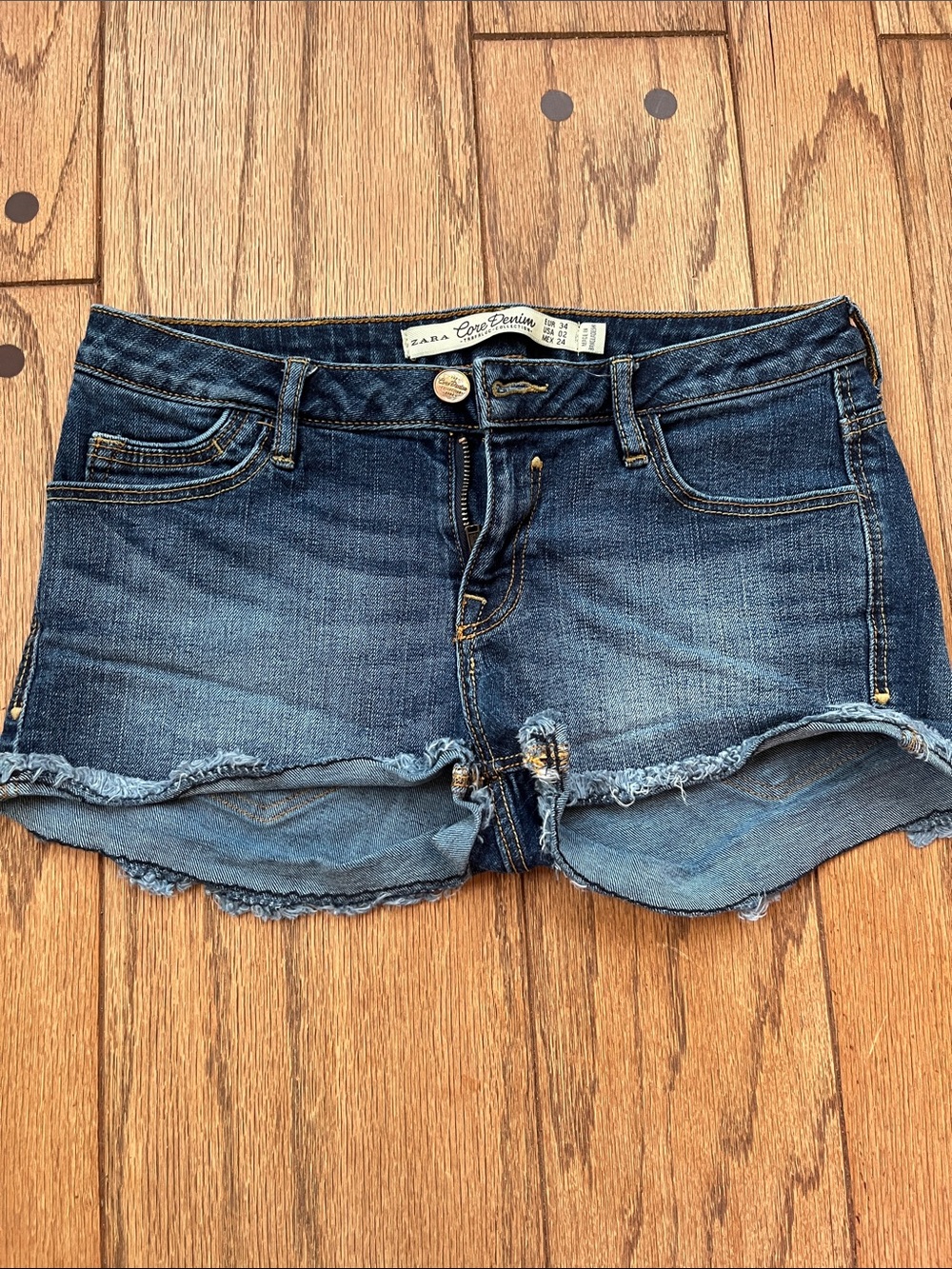 Zara Dark Blue Frayed Hem Denim Shorts
